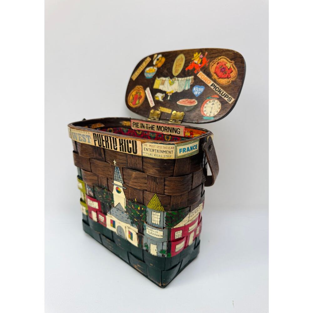 Vintage 1969 Folk Art Memory Basket Hand Painted Travel Collage Decor
